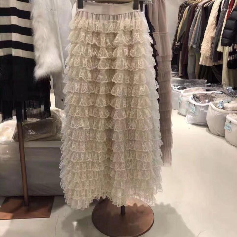 

Skirts Sweet Cake Layered Tulle Long Maxi Skirt Women Fashion 2023 High Waist Ruffled Vintage Tiered Pleated Mesh Falda Q160, Black