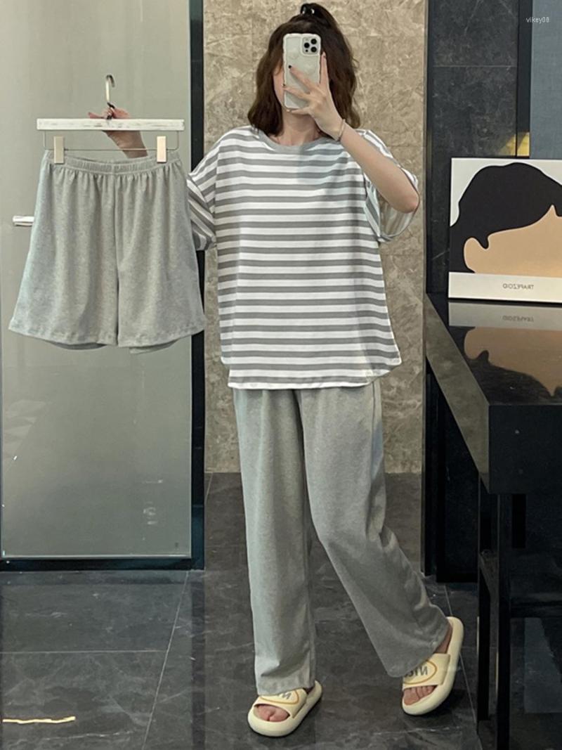 

Women's Sleepwear Cotton 3 Pieces Set Women's Short Sleep Top & Shorts Long Pant Pajamas Female Striped Home Suit Pijamas Pjs Muje, Style 2
