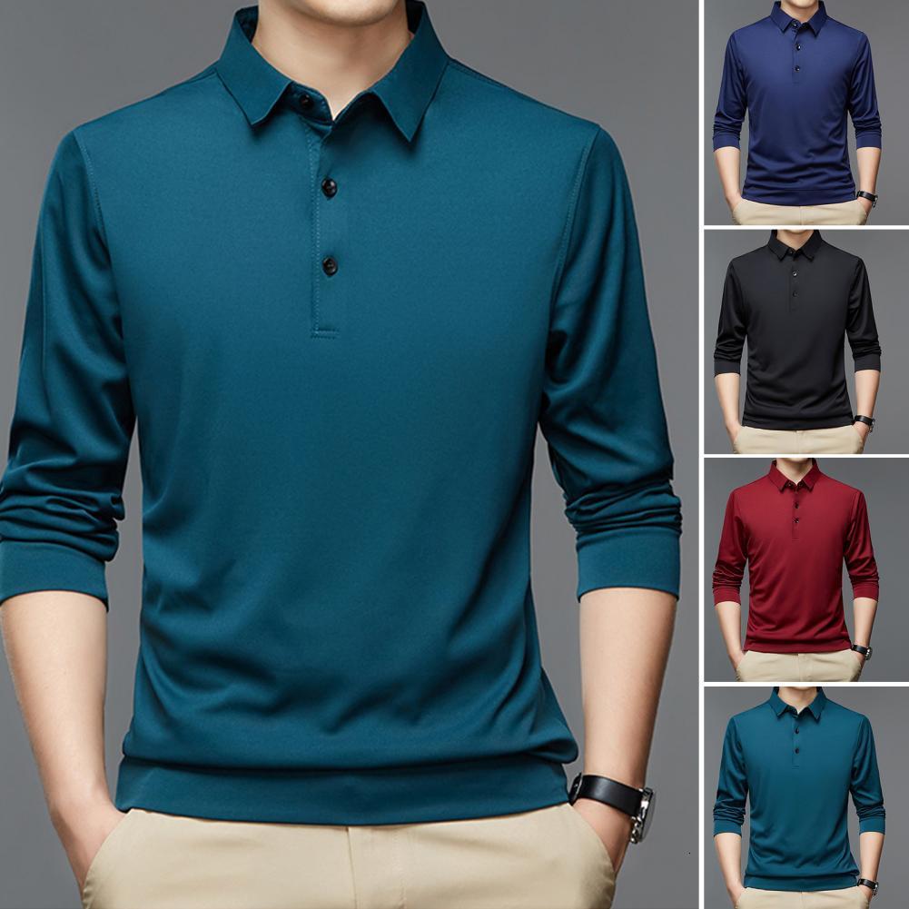 

Mens Polos Buttons Neckline Long Sleeve Solid Color Men Shirt Autumn Slim Fit Lapel Office Pullover Top 230316, Black