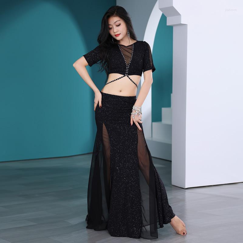 

Stage Wear 2PCS/Set Women's Dance Costume Sexy Perspective Mesh Top Elegant Fishtail Skirt Shiny Girls Class Outfit With Diamonds, Black