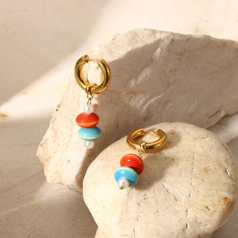 

Hoop Earrings Uworld Retro Colorful Ceramic Beads Drop Stainless Steel 18k Gold For Women Charm Fashion Jewelry