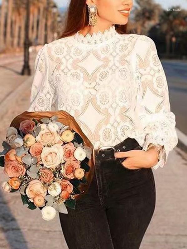 

Women's Blouses Summer Women Cut Out Translucent Horn Long Sleeve Slim Elegant Shirts Sexy White Lace And Tops, As the photo show