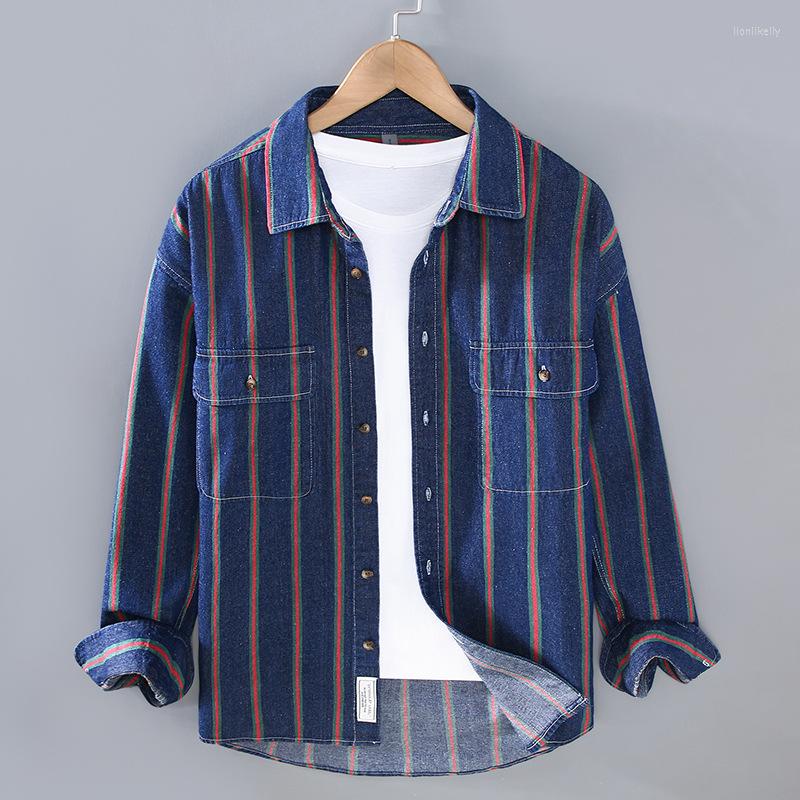 

Men's Casual Shirts Loose Striped Denim Shirt 2023 Spring Men Classic Trend All-match Long-sleeved Male High End Brand Cotton Top, Blue