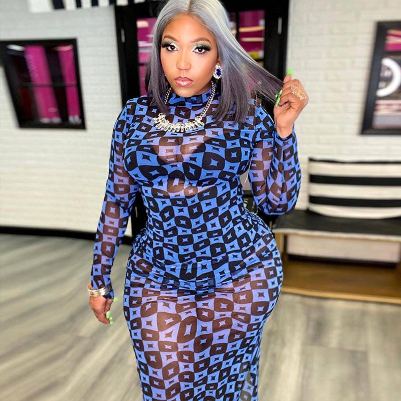 

Casual Dresses 2023 Special Fancy See Through Lace Open Young Sexy Club Turtleneck Full Sleeve High Waist Women Long Pencil Dress, Blue