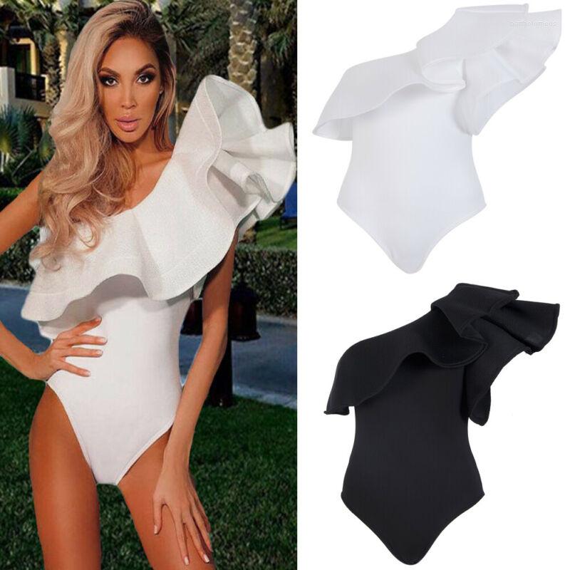 

Women' Swimwear Sexy Women' Shoulder Ruffled Bodysuit Jumpsuit Lady Tops Romper 1 Piece, Black