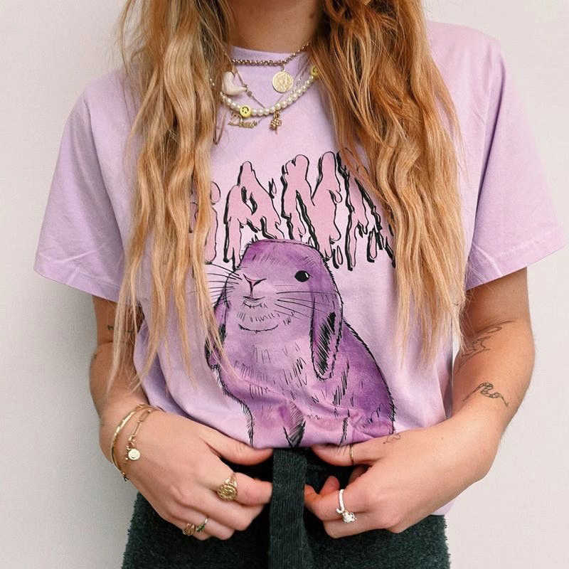 

2023ss Women Designer T shirt Pattern Printing Versatile Casual Round Neck Short Sleeve Tees, Purple2