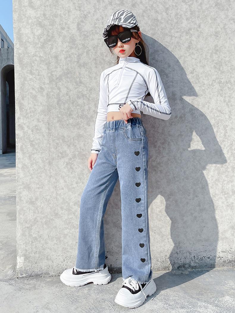 

Jeans Big Size Love Heart Printing Girls Autumn Fashion Straight Style Wide Leg Pants For Kids 3-12 Years Children Clothing, P003