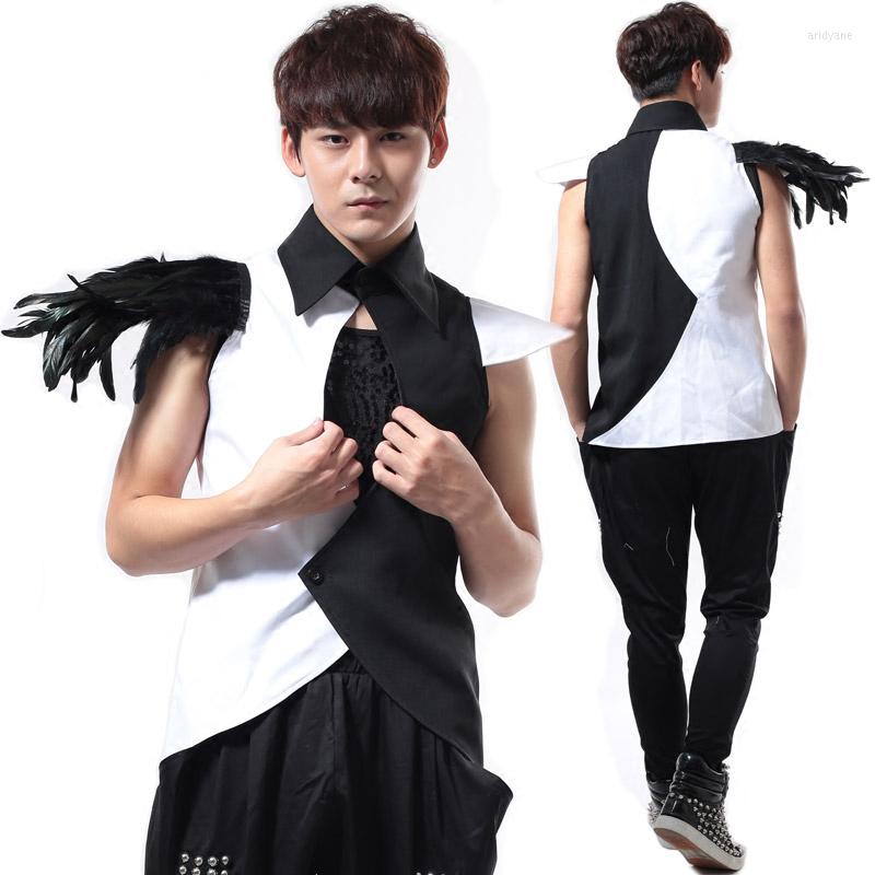 

Stage Wear Cool Singers Costume Men Feather Vest Jacket Dj Punk Clothing Man Performance GoGo Dancer BL2093, Coat
