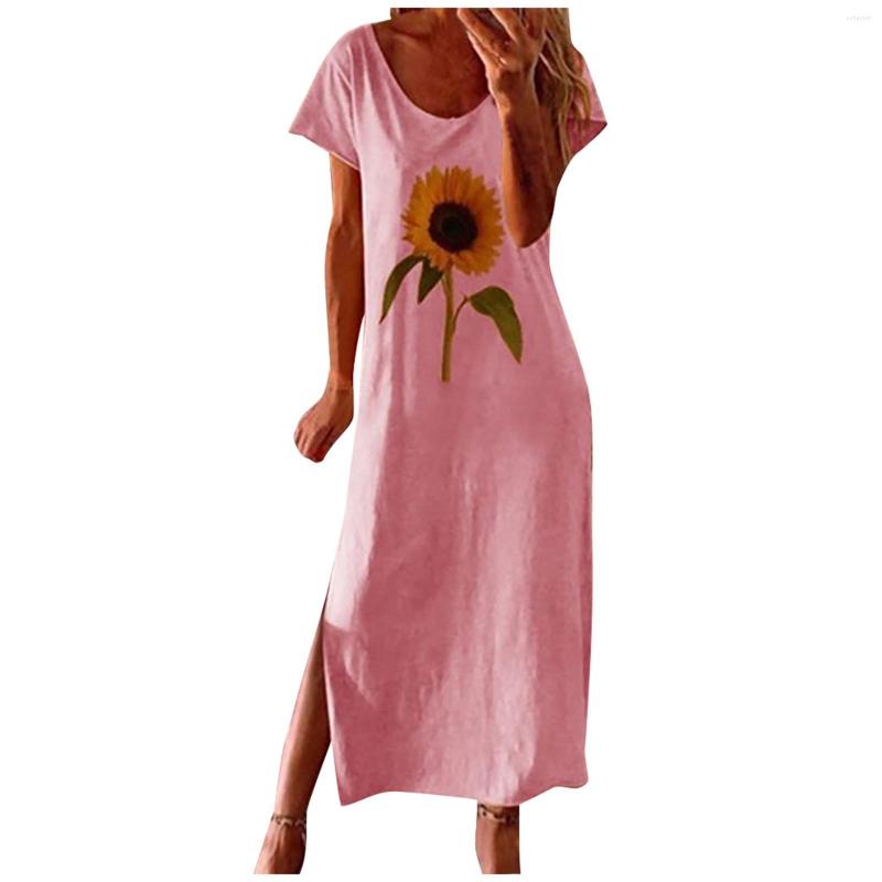 

Party Dresses Fashion Women Loose Sunflower Print Dress Short Sleeves Side Split O-neck Casual Sukienki Damskie #G3, Bu
