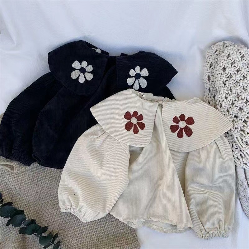 

Kids Shirts Spring Autumn Outfits Girl Childern Embroidery Flower Long Sleeve T-shirt Boy Baby Cotton Big Lotus Leaf Collar Shirts 230317, Beige