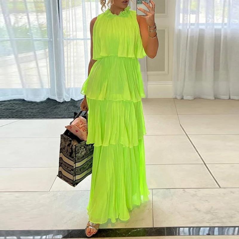 

Casual Dresses Fashion Sleeveless O Neck Ruffle Long Dress Women 2023 Summer Solid Cake Holiday Ladies Loose Pleated, 01 green