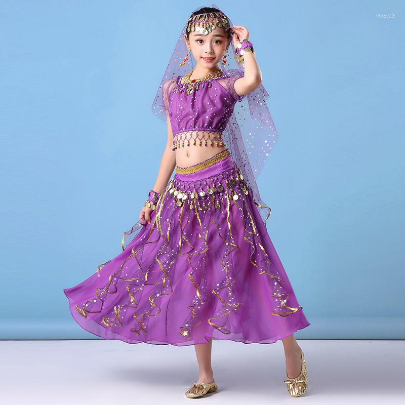 

Stage Wear 2023 Children Dance Sari Performance Outfit Short Sleeves Girls Bollywood Costume Set 5 Pieces More Colors, Turquoise