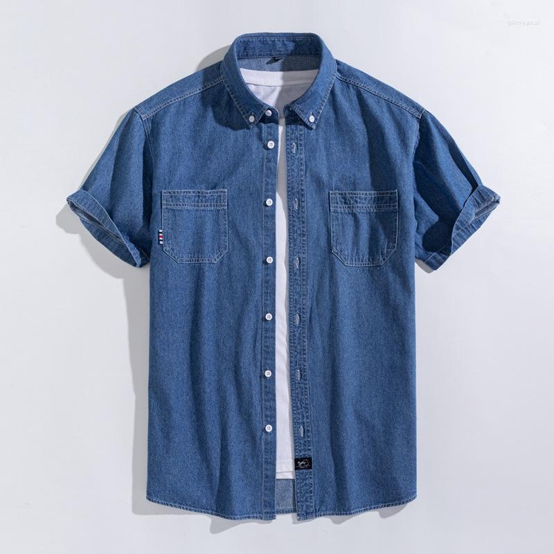 

Men's Casual Shirts High-end Brand Men's Denim Short-sleeved Shirt Summer Blue Classic Style Fashion All-match Loose Male Quality Top, Light blue