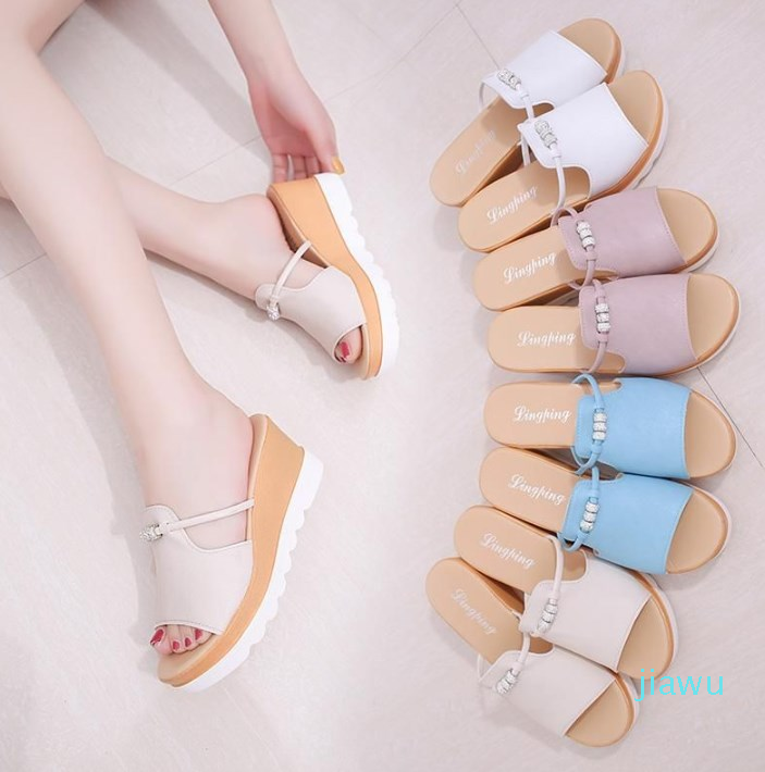 

Slippers Female Korean Summer Sandals Shoes A Muffin Outdoor Slope With Thick Bottom Are Cool, White 1