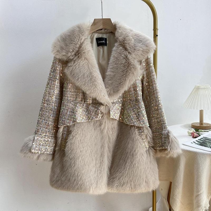 

Women's Fur & Faux Sequined Wool Coat Fashion, Pink