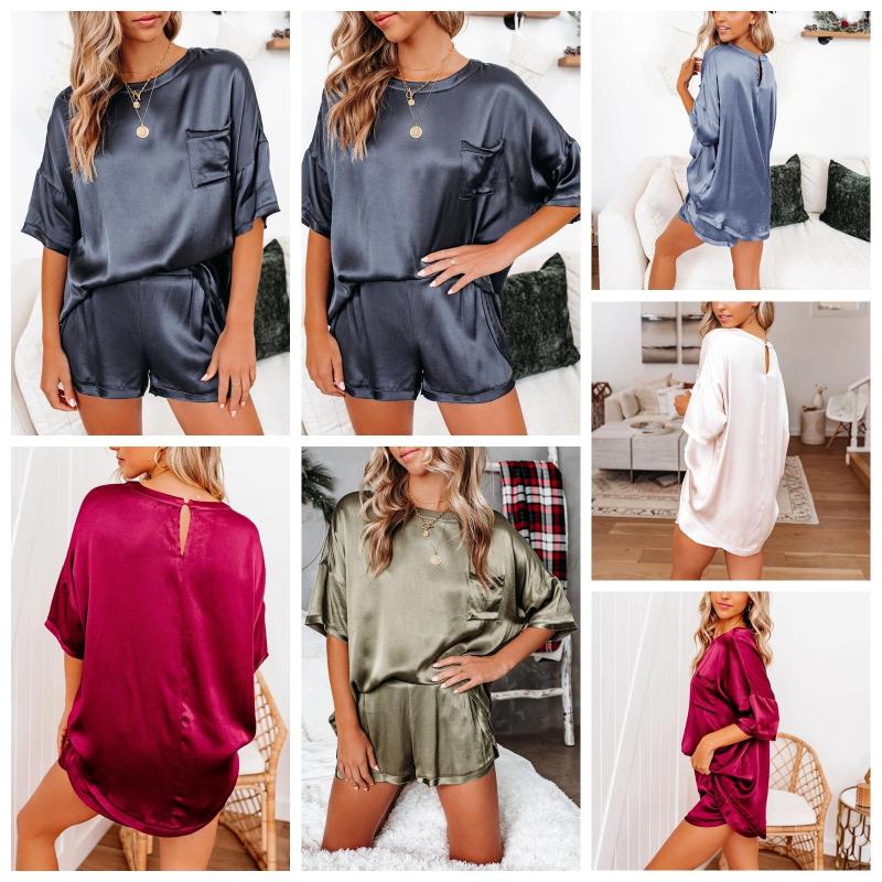 

Women's Sleepwear Ladies Women Shorts Sets Solid Satin Pajamas Housewear Two Piece Suit Short Sleeve Irregular Pajama Set, Army green