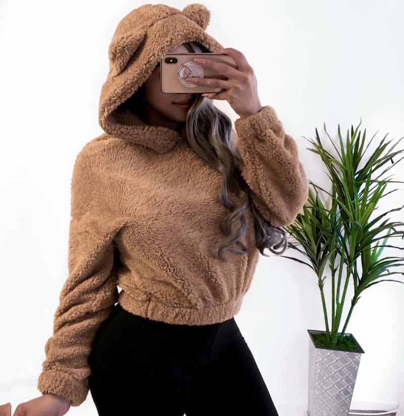

Women' Hoodies & Sweatshirts Spring Cute Teddy Bear Ears Warm Plush Women Autumn Solid Long Sleeve Short Pullover Brown Kawaii Sweatshirt H, Black