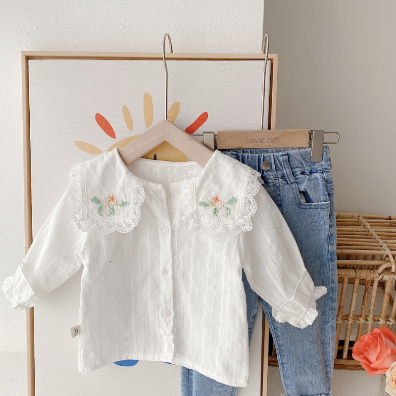 

Kids Shirts Spring Toddler Girls Lace Doll Collar Shirts Blouses Kids Cotton Clothes Baby Girls Embroidered Shirts Bottoming Shirt 0-7 Years 230317, White