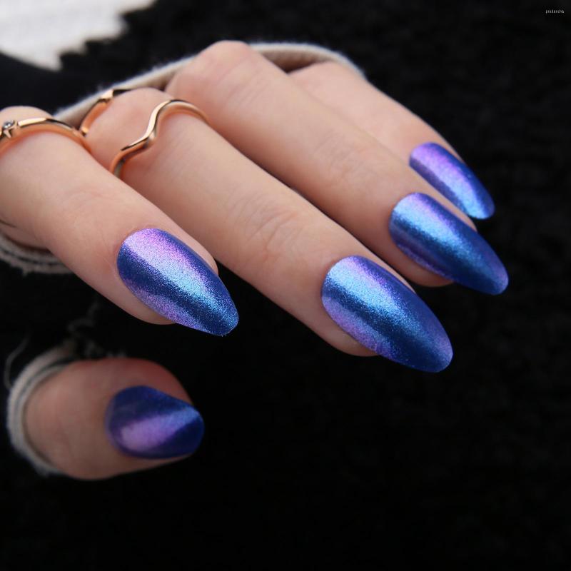 

False Nails Stiletto Presses On Short Blue Purple Almond Artificial Manicure Daily Wear Glossy Fake Art Tips, 207a-905g
