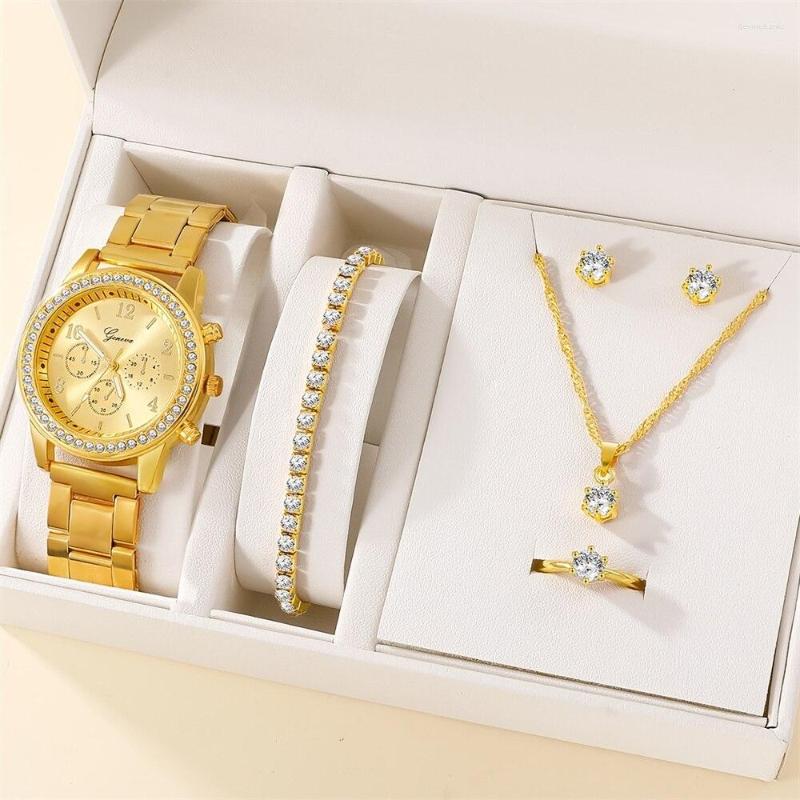 

Wristwatches 6PCS Set Luxury Watch Women Ring Necklace Earring Rhinestone Fashion Wristwatch Casual Ladies Watches Bracelet Clock, 6pcs silver set