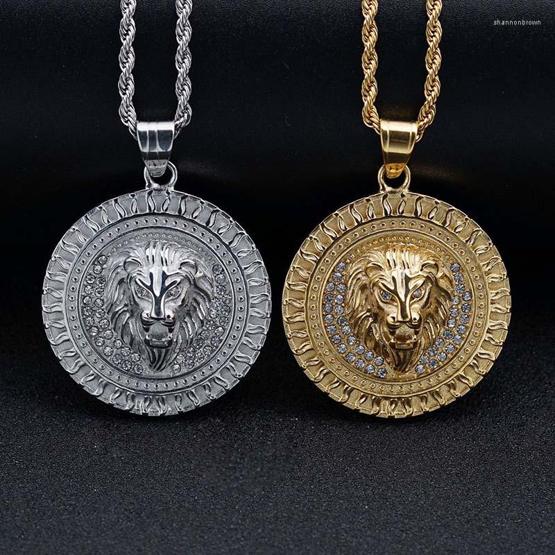 

Pendant Necklaces Hip Hop Bling Iced Out Gold Color Stainless Steel Animal Lion Round Pendants For Men Jewelry Drop