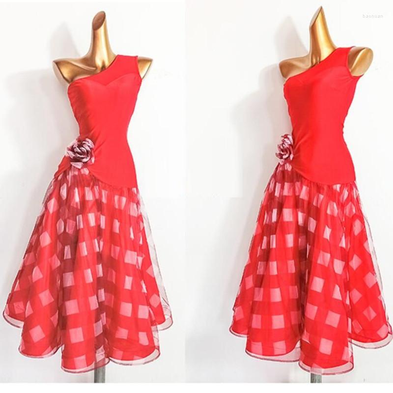 

Stage Wear Red Sleeveless Stitching Women Ballroom Dance Dress For Dancing Clothes Rumba Costumes Ball Gown Waltz