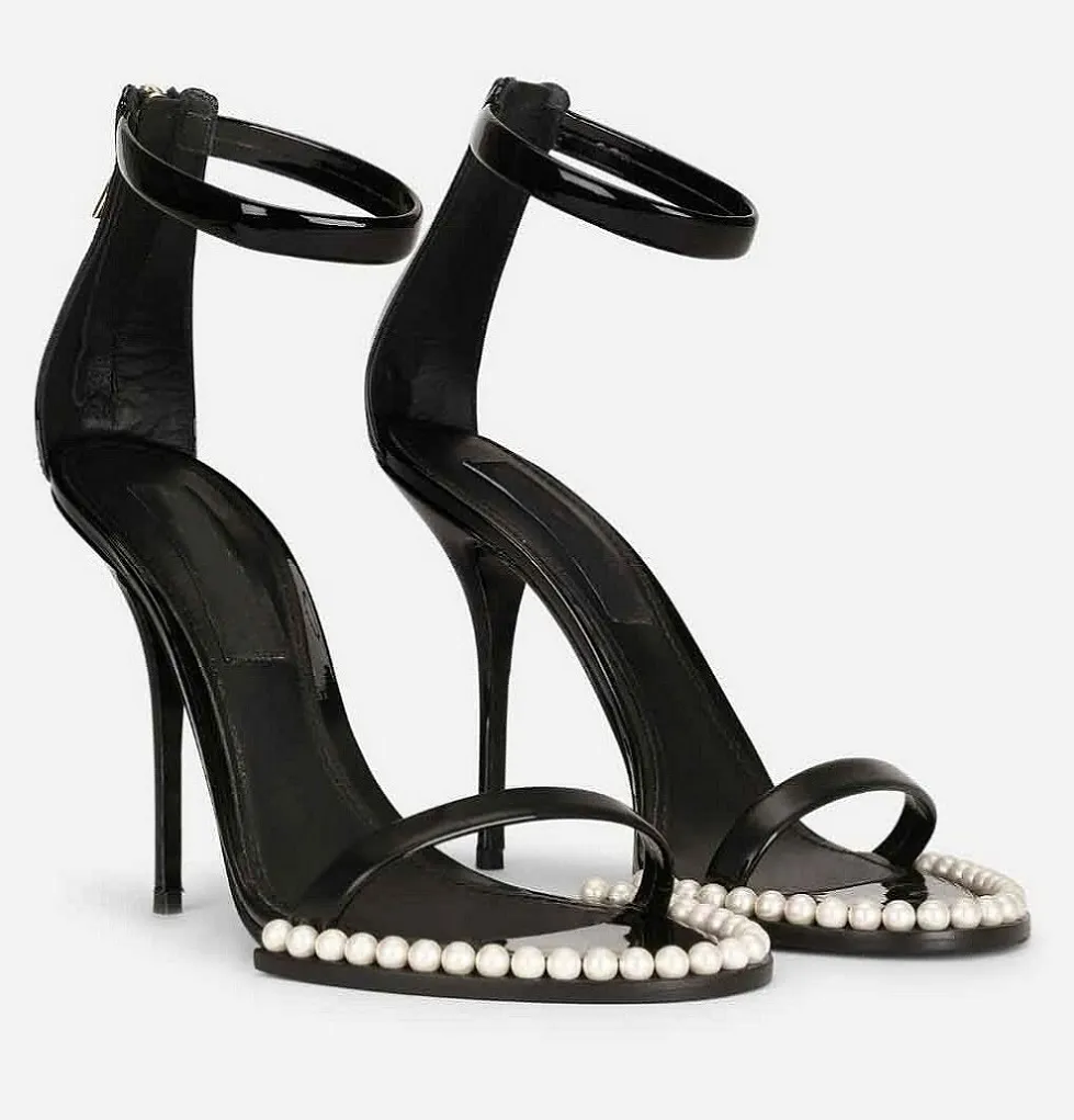 

Famous Design Women Keira Sandals Shoes Faux-pearl Embellished High Heels Open-toe Black Calf Leather Goatskin Lady Gladiator Sandalias EU35-43