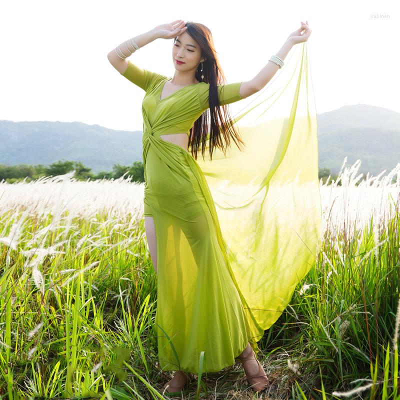 

Stage Wear Elegant Women Dance Clothing Sequins Outfit One-piece Sundress Girls Practice Costume Belly Flowing Long Dress, Green