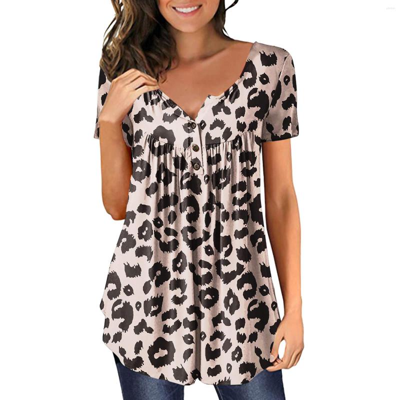 

Women's T Shirts Leopard Print Womens Casual Short Sleeve Loose T-shirts Button Pleated Tunic Tops V-neck Female Pullover Summer Clothes, Brown