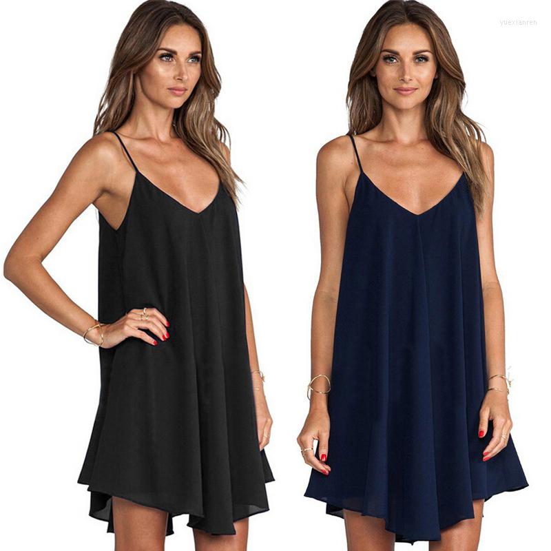 

Casual Dresses Summer Women Chiffon Sexy Spaghetti Strap V-Neck Sundress Blue Black Female Loose Solid Color Mini Dress Oversize