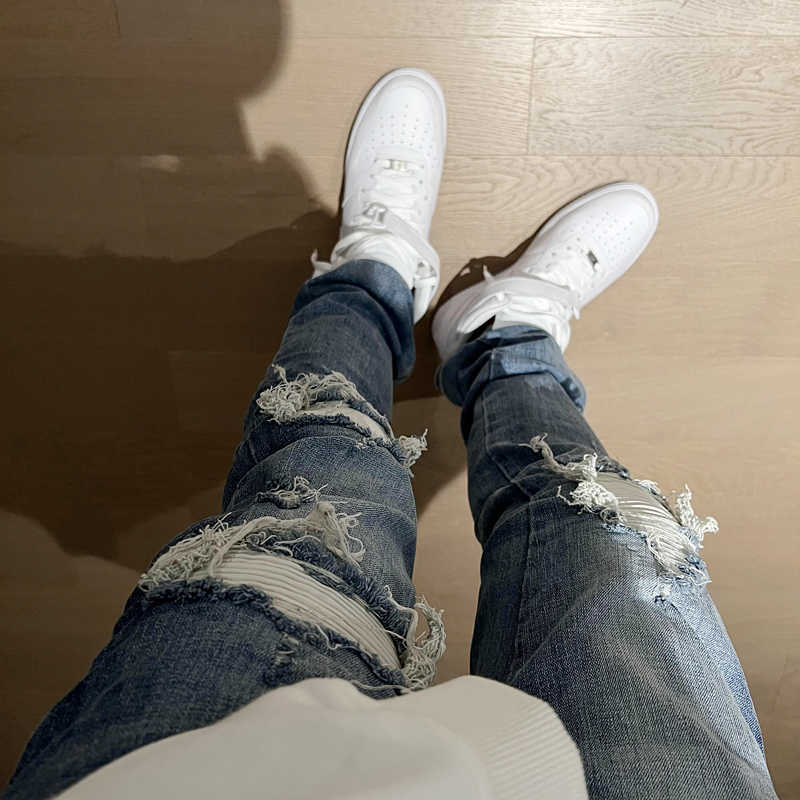 

Jeans Mens Am1r1 Trousers Pants Mirri Ripped Fashion Designer Brand New Men's White Embroidery Patch Elastic Slim Denim Hip Hop High 3CW8, Denim blue