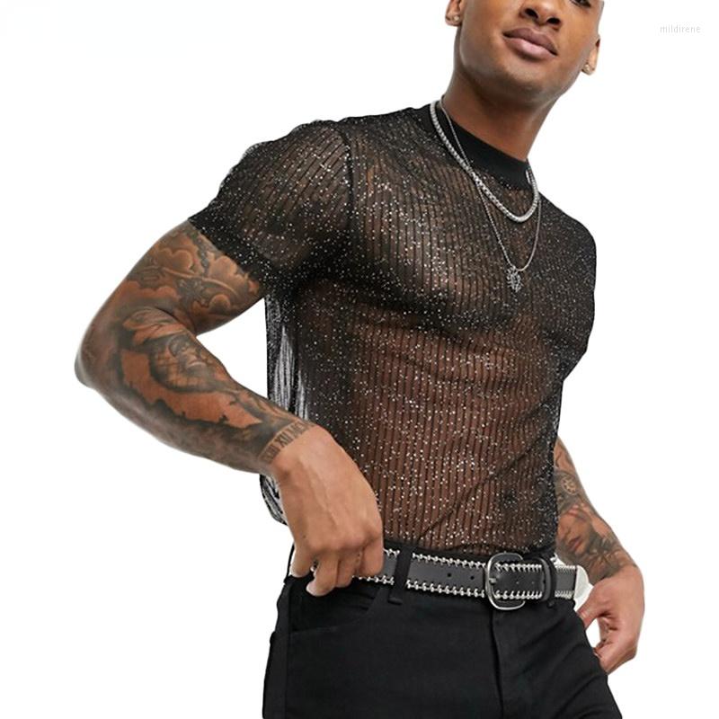 

Men's T Shirts 2023 Fashion Men Mesh Shirt Slim Shiny Party Nightclub Thin Breathable Sexy See Through Short Sleeve T-shirts, Royal