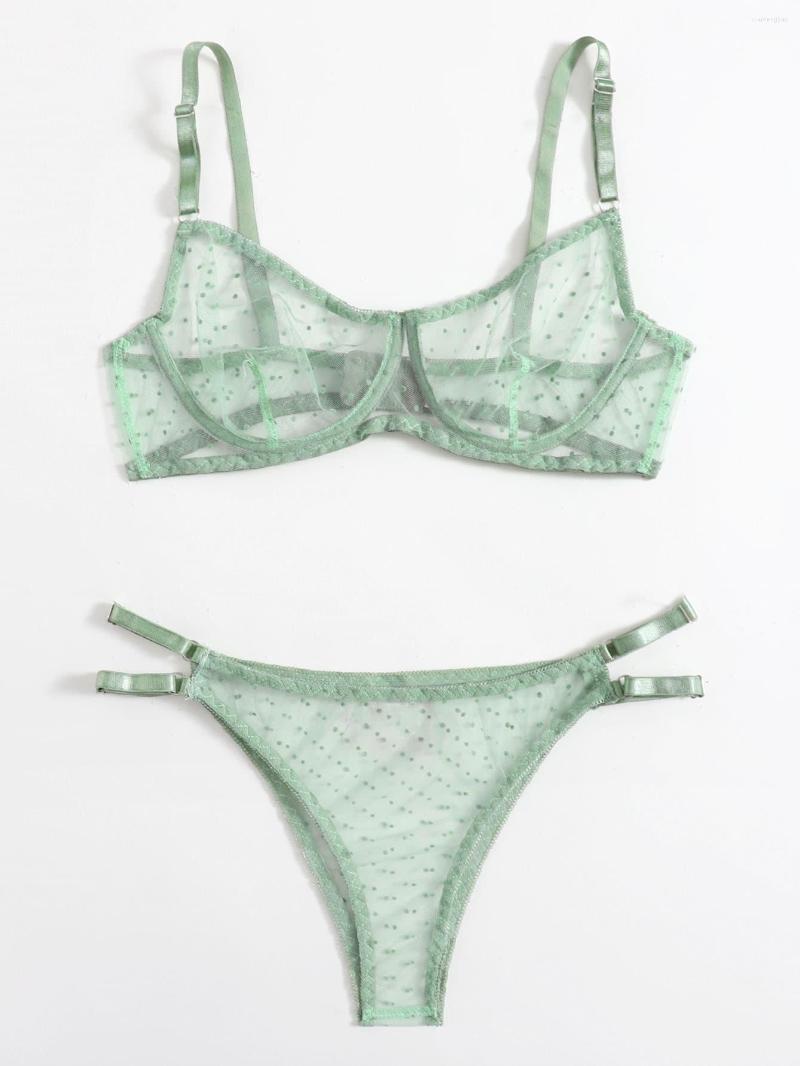 

Bras Sets Dot Mesh Lace Lingerie Set Underwire See Through Brassiere Sexy Underwear Bra And Panty Transparent Intimate European Clothing