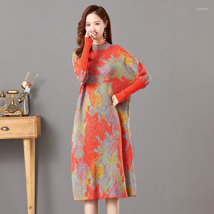 

Casual Dresses 2023 Women Knitted Long Sweater Autumn Winter Floral Printed Pullover Loose Dress, Green