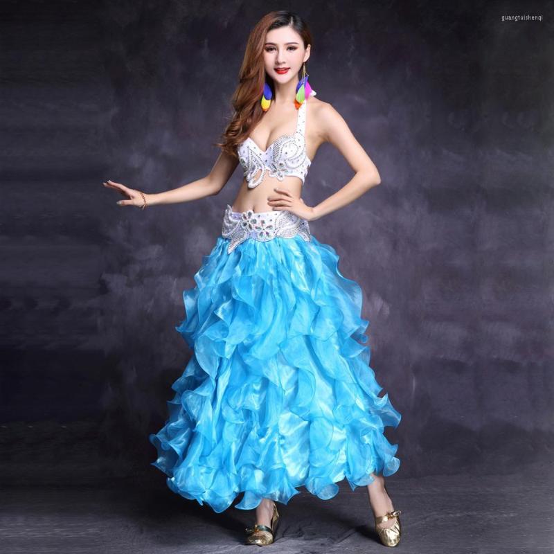 

Stage Wear Women Egyptian Dance Clothes Rhinestones Beaded Outfit Cup 34C/36C/38C Oriental Belly Costume Set Bra Belt Skirt, Gold