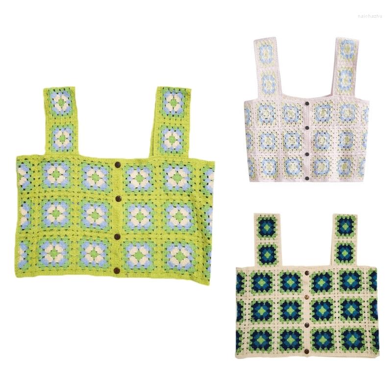 

Women's Tanks Cute Floral Cropped Tops Camis Sleeveless Korean Crochet Vest Young Girl Student, Green