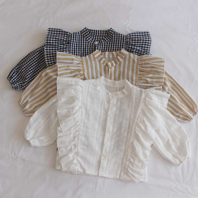 

Kids Shirts Autumn Baby Girls Ruffles Princess Blouses Plaid Striped Long Sleeve Tops Korean Style Toddlers Kids Clothes Infants Shirts 230317, White