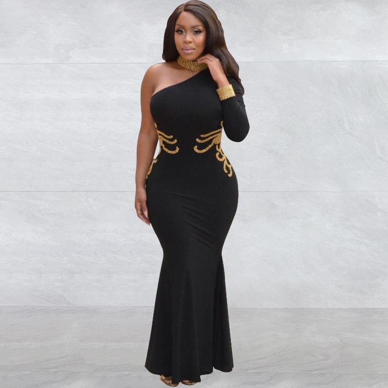 

Casual Dresses COZOK 2023 Luxury Designer Young Diamonds Sexy Club Solid One Off Shoulder Full Sleeve High Waist Women Long Meramid Dress, Black
