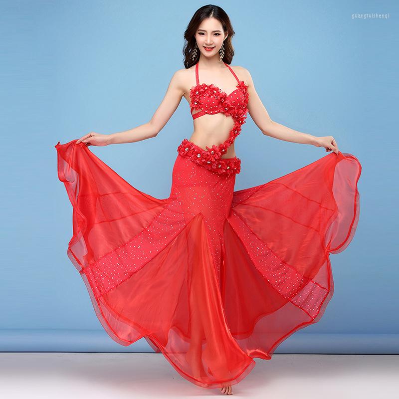 

Stage Wear Red Women Dance Oriental Style Flowers Maxi Skirts Sequins Belly Costume 4pcs Set (Bra Belt Skirt & Sleeves), Picture shown