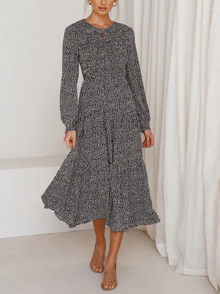

Casual Dresses Spring Clothes For Women 2023 Fashion Black Elegant Vintage Print Long Sleeve Round Neck Smocked Midi