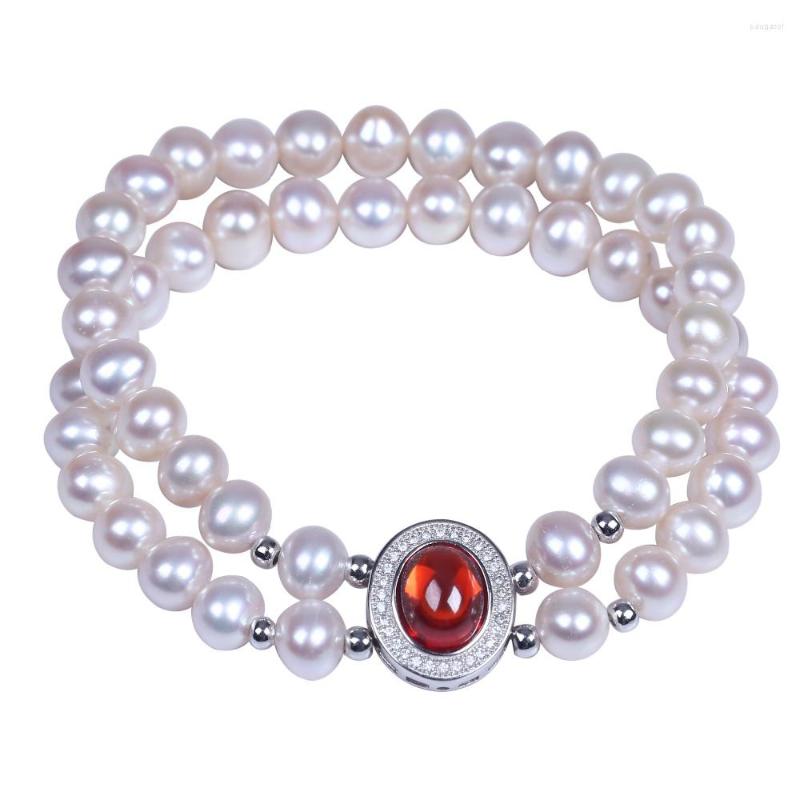 

Strand Charm 6-7mm Near Round Freshwater Pearl 2 Layers 925 Silver Garnet Bracelet For Women Gifts