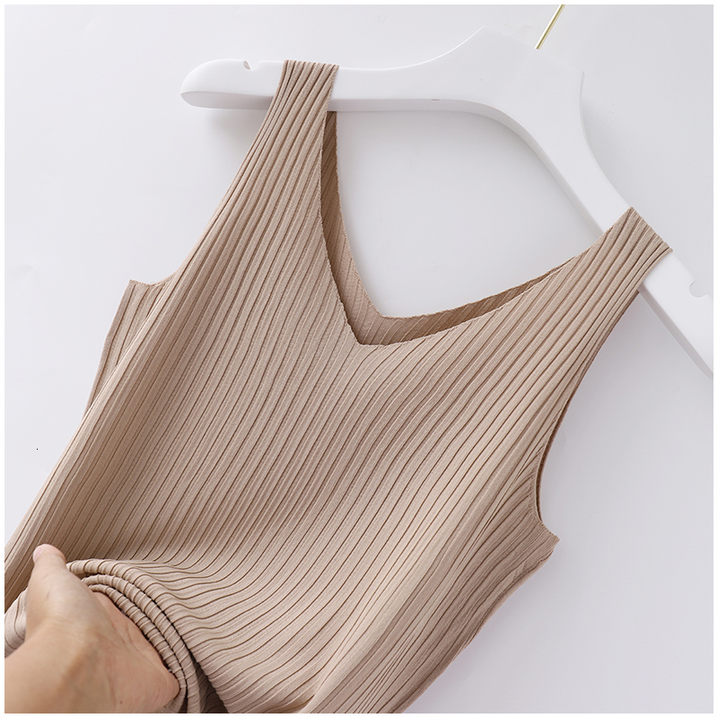 

Women's Tanks Camis Casaul Camisole women wear a sleeveless tops ice silk inside bottom and wear the Korean v-neck vertical stripes slim tank tops 230317, Khaki