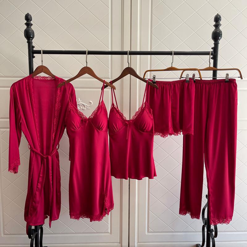 

Women's Sleepwear Summer Women 5PCS Pajamas Set Casual Silk Satin Kimono Bathrobe Nioghtgown Sexy Lace Trim Pijamas Suit Home Wear, White f