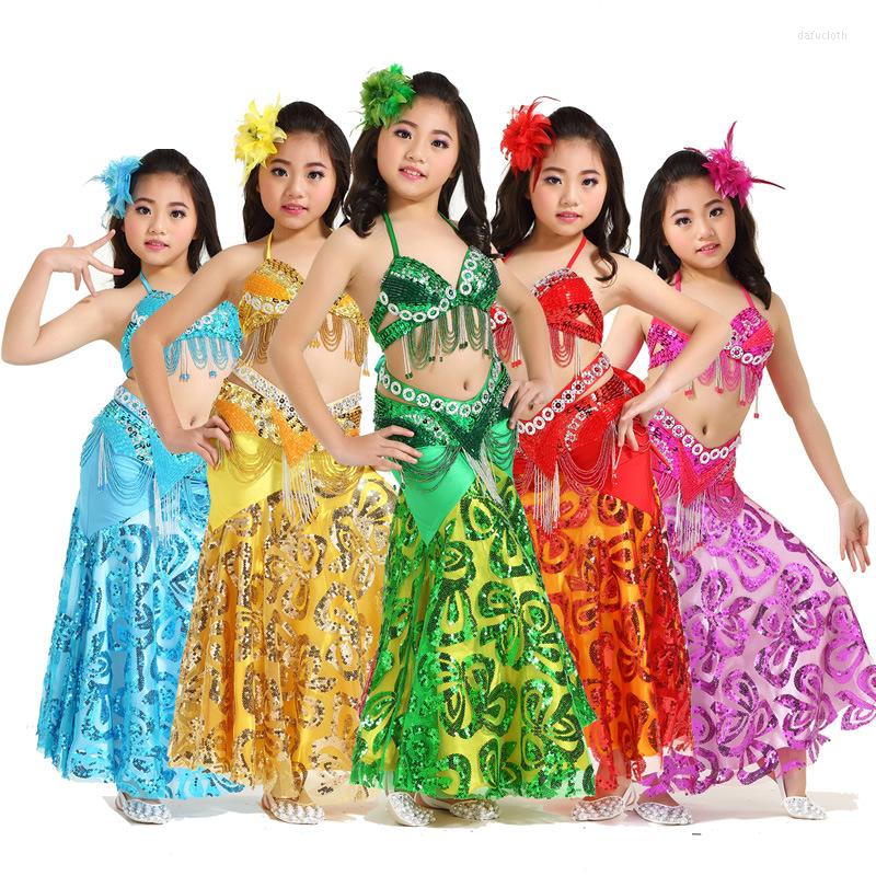 

Stage Wear Performance Children Dance Sequins Beaded Outfits Belly Costume 3 Pieces Tassel Hip Scarf Long Skirt #828, Royal blue