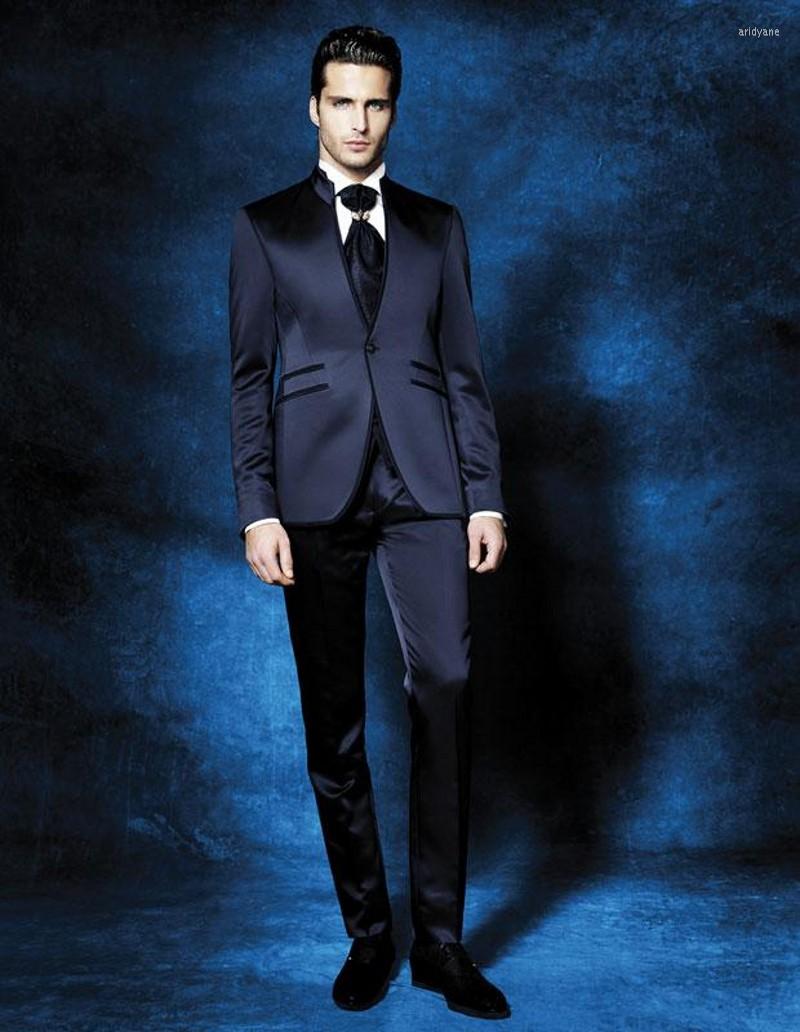 

Men's Suits Arrival Groomsmen Mandarin Lapel Groom Tuxedos Navy Blue Men Wedding Man (Jacket Pants) B999, Custom made