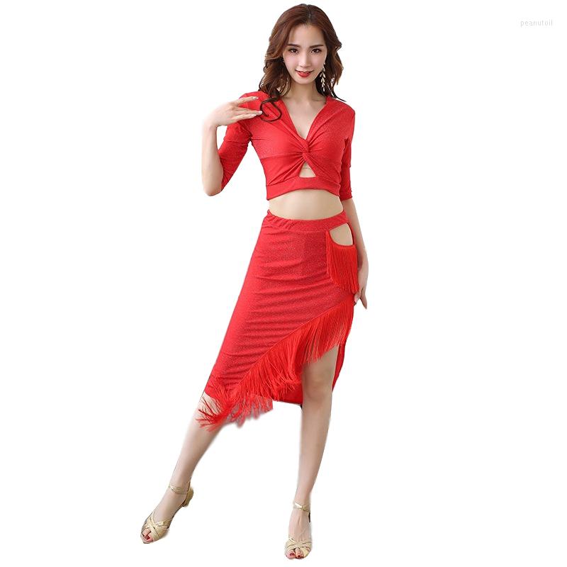 

Stage Wear 2023 Performance Competition Cllothes Women Dance Dress Half Sleeves Samba Costume Set 2 Pieces Top And Skirt, Black