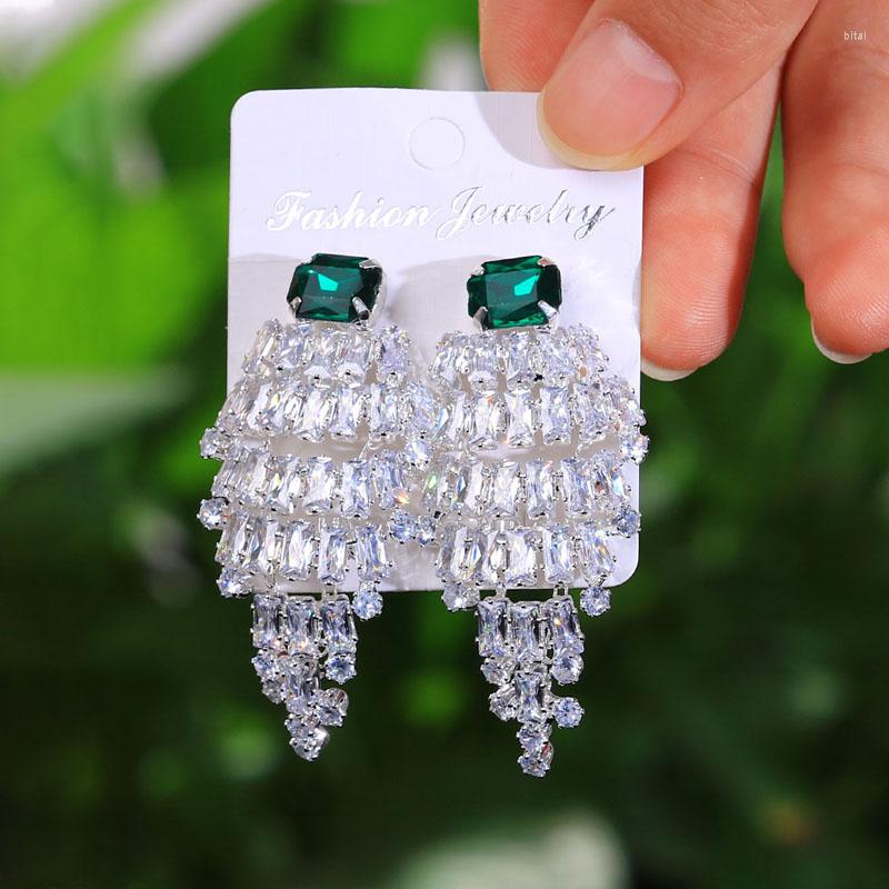 

Dangle Earrings Bridal Ear Jewelry Temperament White Zircon Rhinestones Green Crystal CZ Tassel Wedding Accessories For Women