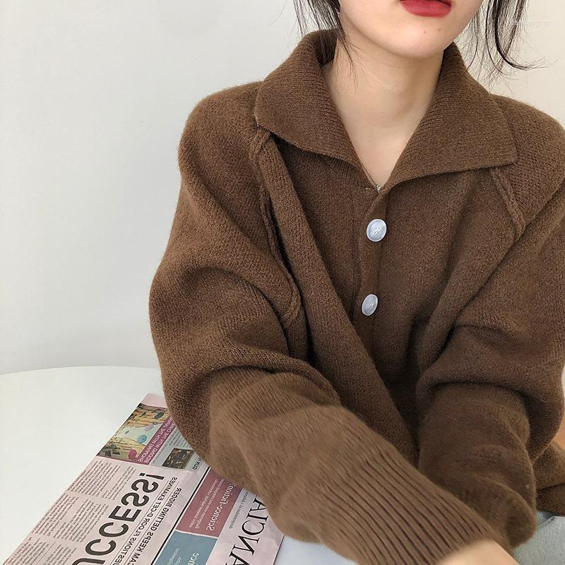 

Women's T Shirts 2023 Autumn Winter Retro Western Style Loose Sweater Coat Lapel Knitted Long-sleeved Cardigan Women, Blue