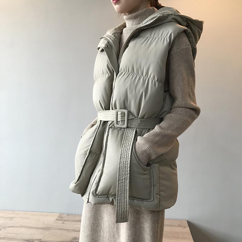 

Women's Vests Winter Hooded Vest Coats Women Warm Slim Cotton Padded Jacket Korean Fashion Zipper Woman Waistcoat With Belt, Beige