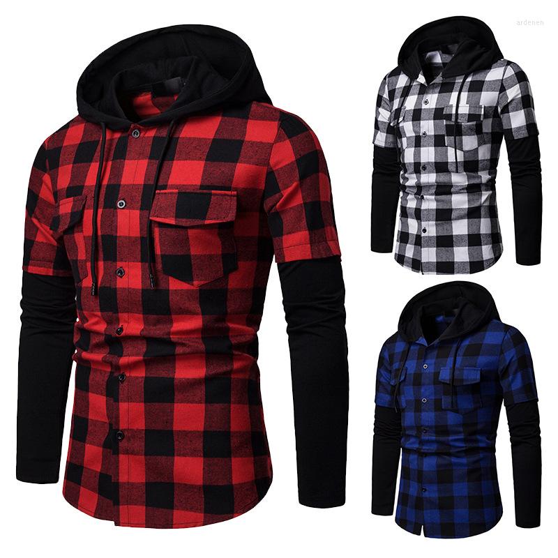 

Men's Casual Shirts Shirt Long Sleeve Plaid Hooded Cardigan With Two Pockets Single-Breasted Patchwork Tops, Black